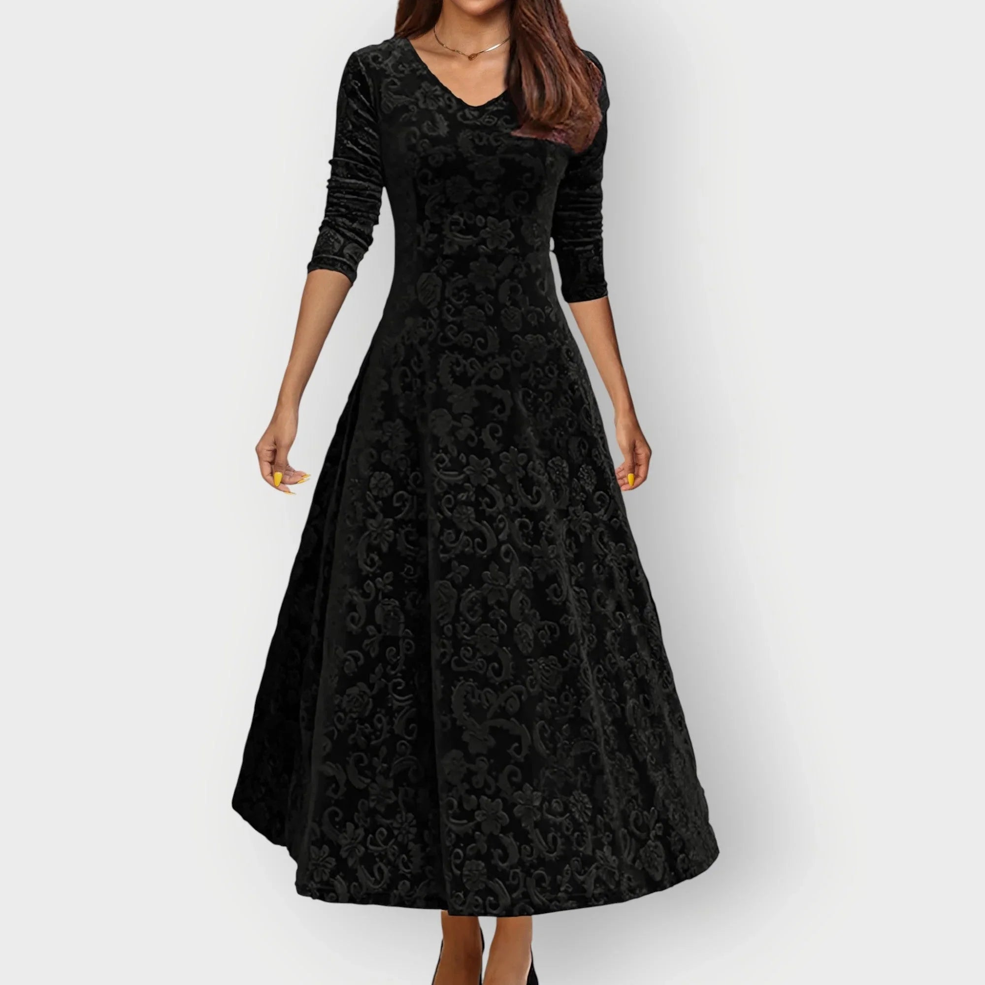 Signe - Women's Embossed Floral Velvet Midi Dress with V-Neck - Black