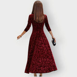 Signe - Women's Embossed Floral Velvet Midi Dress with V-Neck