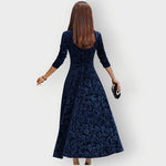 Signe - Women's Embossed Floral Velvet Midi Dress with V-Neck