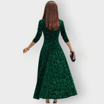 Signe - Women's Embossed Floral Velvet Midi Dress with V-Neck