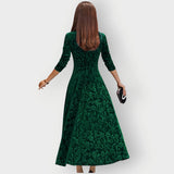 Signe - Women's Embossed Floral Velvet Midi Dress with V-Neck