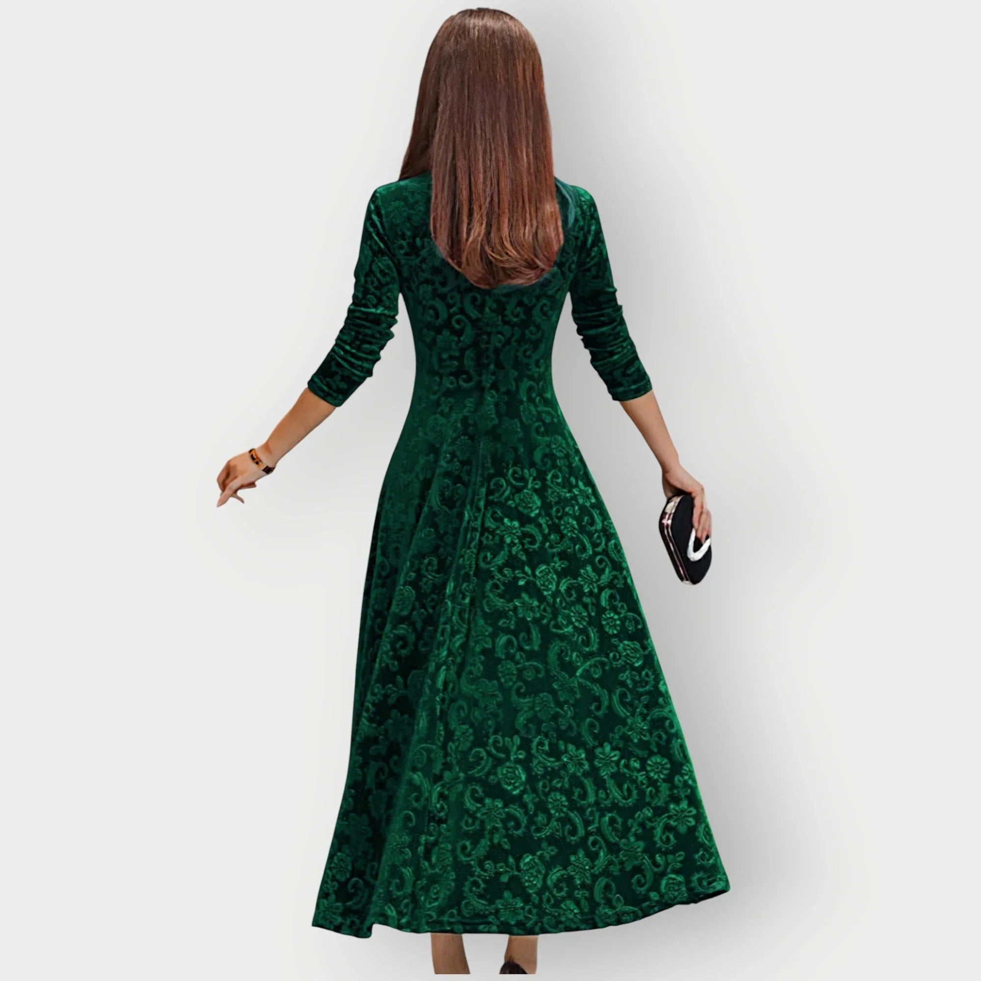 Signe - Women's Embossed Floral Velvet Midi Dress with V-Neck
