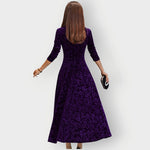 Signe - Women's Embossed Floral Velvet Midi Dress with V-Neck