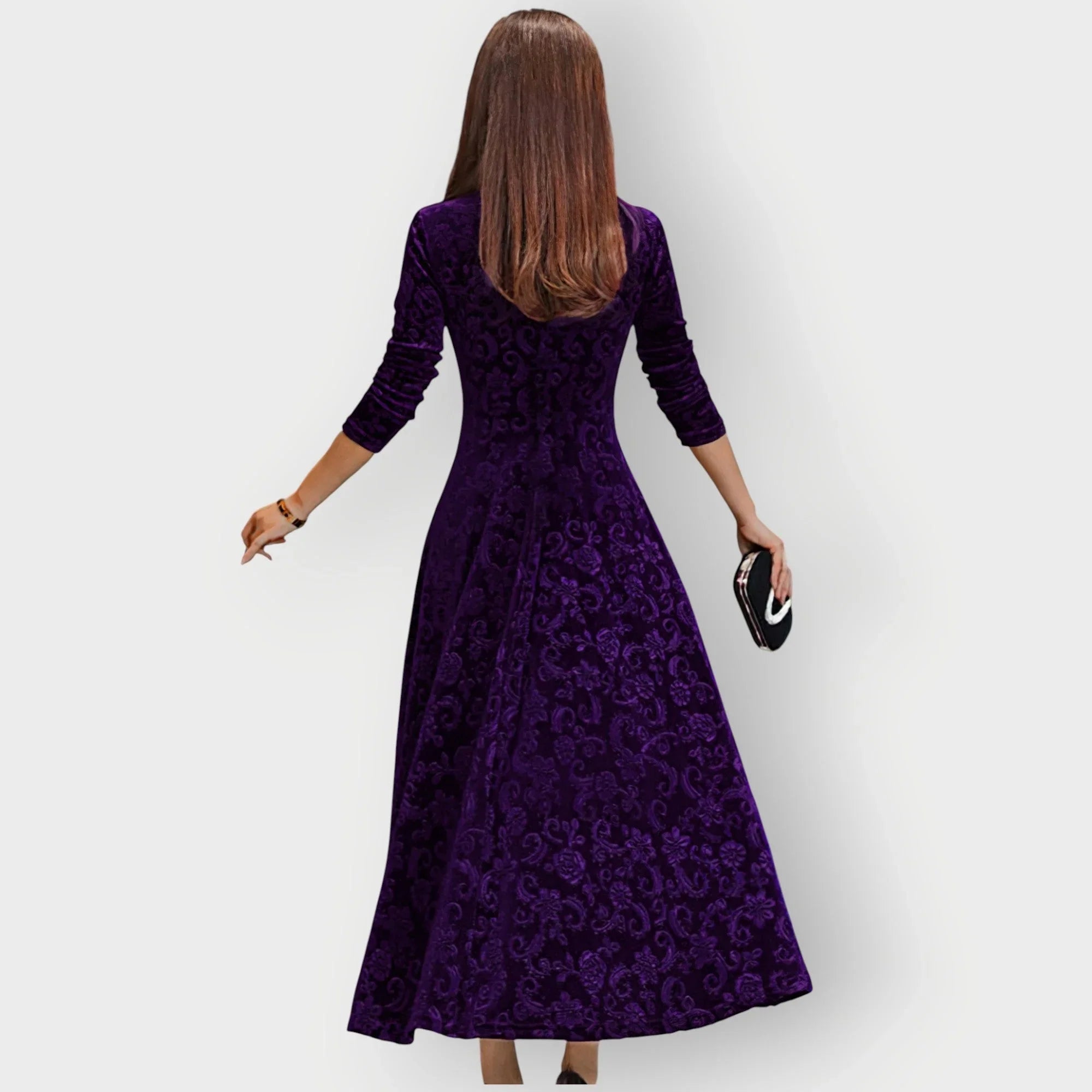 Signe - Women's Embossed Floral Velvet Midi Dress with V-Neck