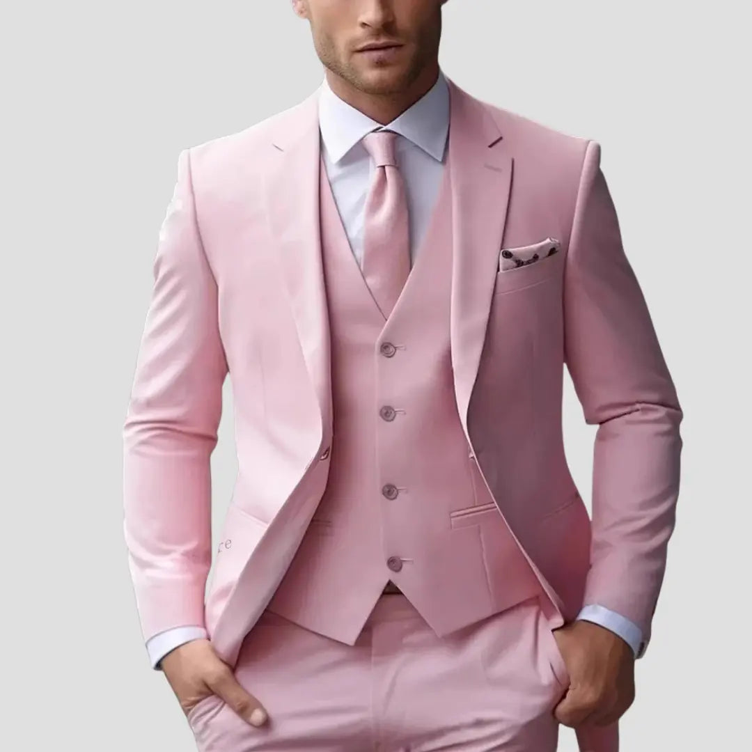 Simon - Men's Slim Fit Three-Piece Groomsmen Suit with Waistcoat - Pink