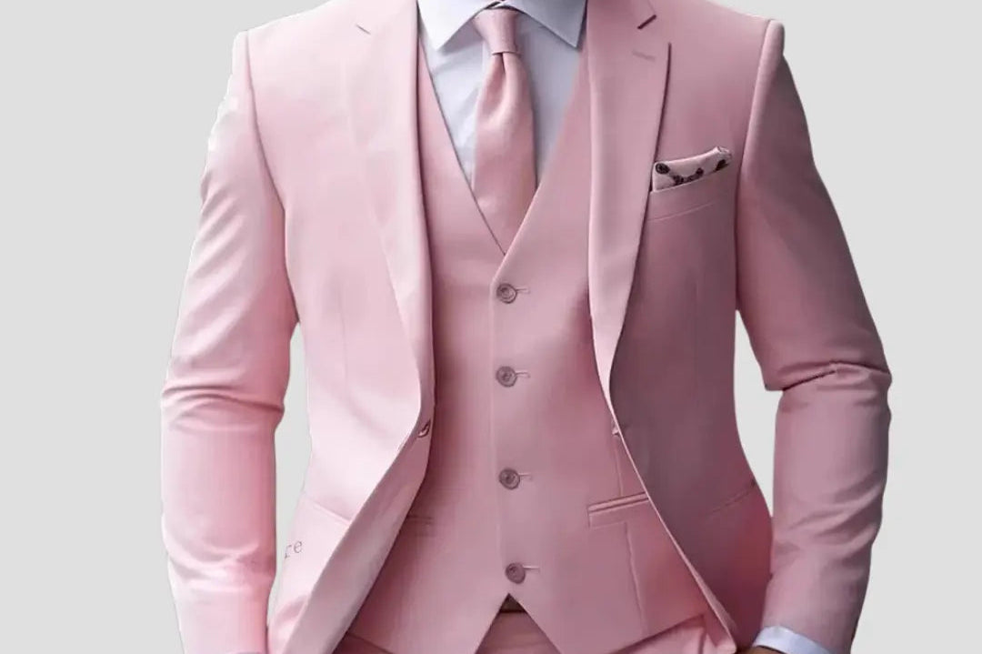 Simon - Men's Slim Fit Three-Piece Groomsmen Suit with Waistcoat - Pink