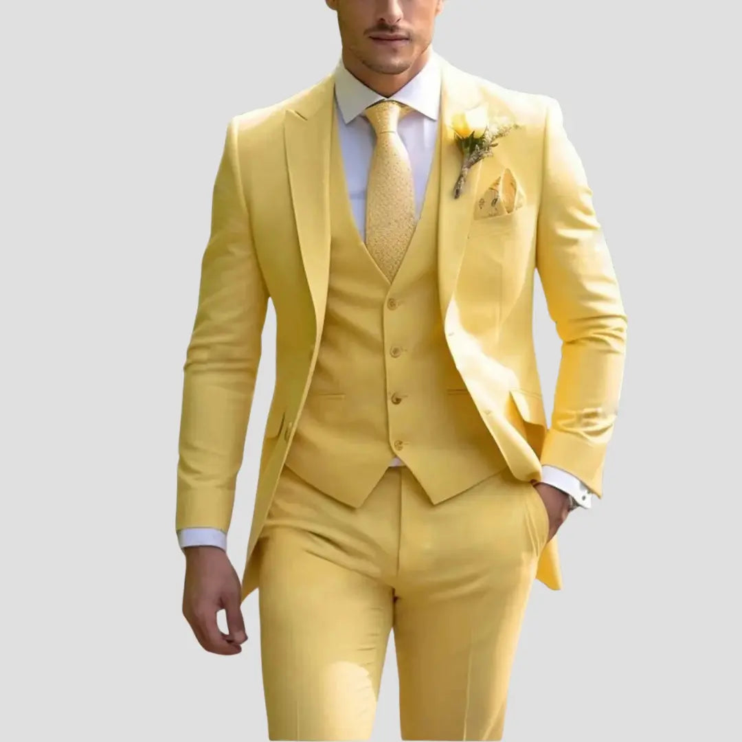 Simon - Men's Slim Fit Three-Piece Groomsmen Suit with Waistcoat - Yellow