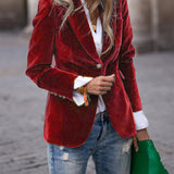 Siobhan - Women's Velvet Blazer with Gold-Tone Buttons - Burgundy