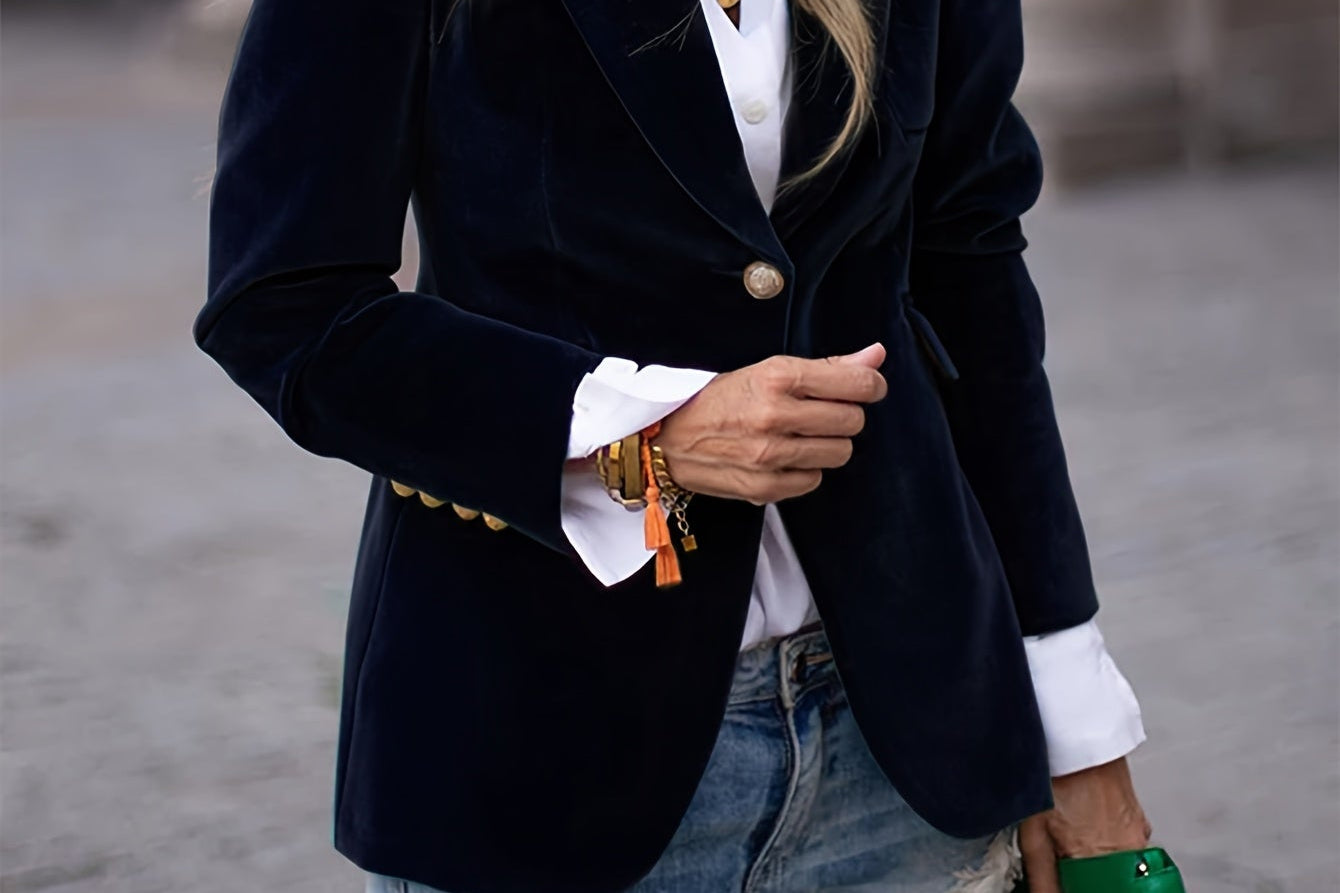 Siobhan - Women's Velvet Blazer with Gold-Tone Buttons - Black