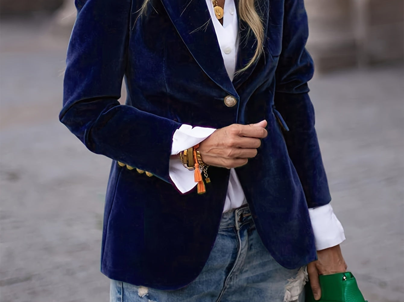 Siobhan - Women's Velvet Blazer with Gold-Tone Buttons - Navy Blue