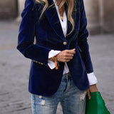 Siobhan - Women's Velvet Blazer with Gold-Tone Buttons - Navy Blue