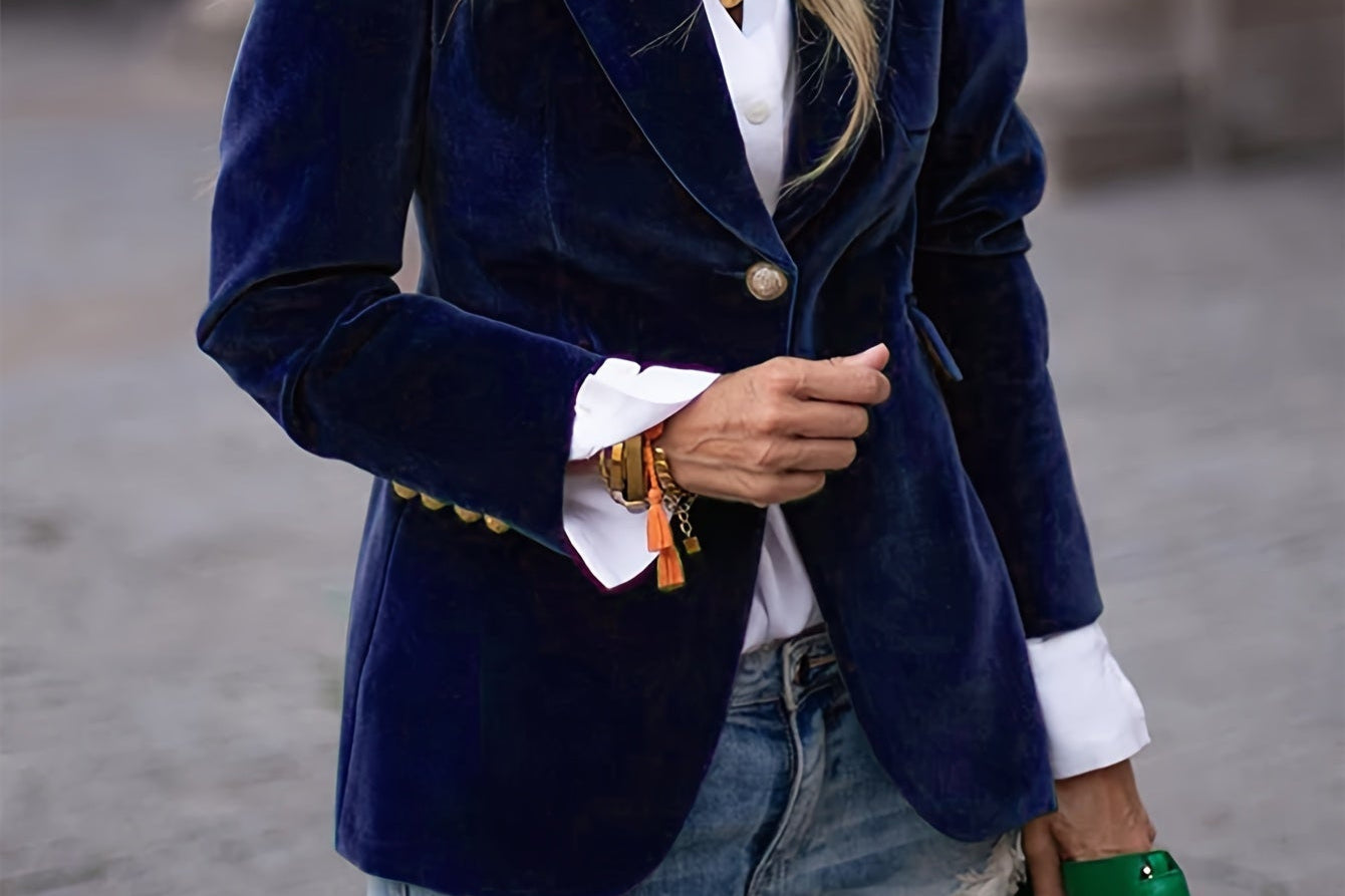Siobhan - Women's Velvet Blazer with Gold-Tone Buttons - Navy Blue