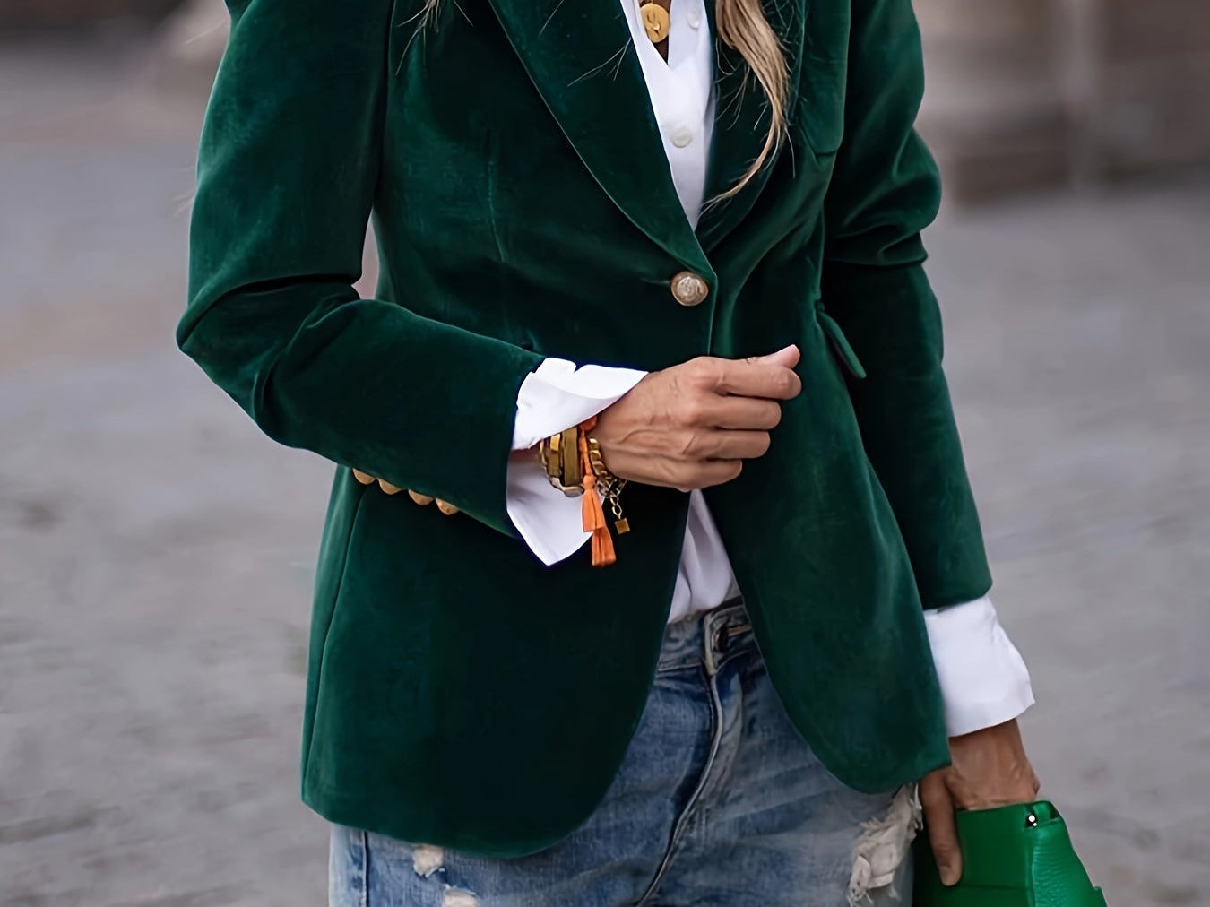 Siobhan - Women's Velvet Blazer with Gold-Tone Buttons - Dark Green