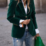 Siobhan - Women's Velvet Blazer with Gold-Tone Buttons - Dark Green