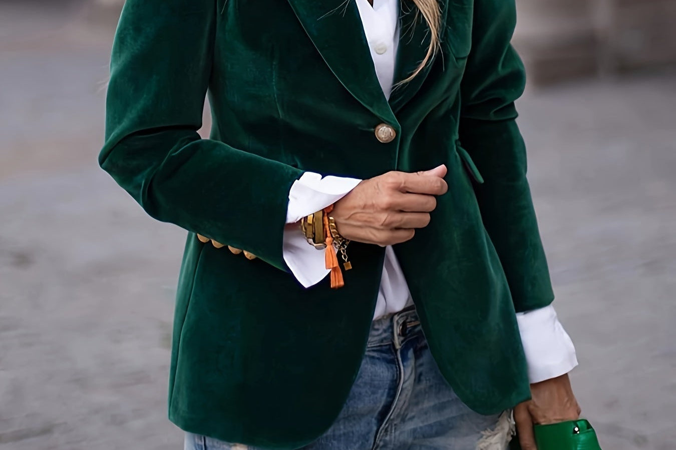 Siobhan - Women's Velvet Blazer with Gold-Tone Buttons - Dark Green
