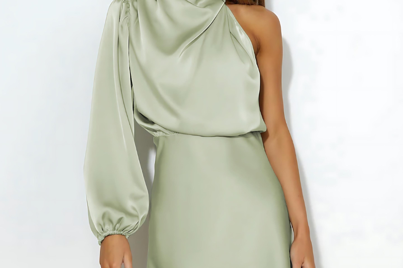 Solene - Women's One-Shoulder Satin Evening Dress - Green