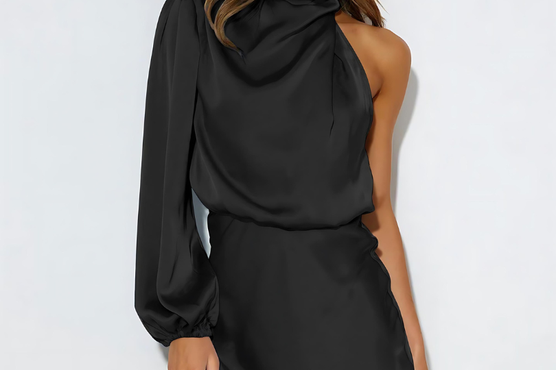 Solene - Women's One-Shoulder Satin Evening Dress - Black
