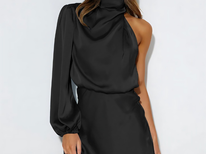 Solene - Women's One-Shoulder Satin Evening Dress - Black