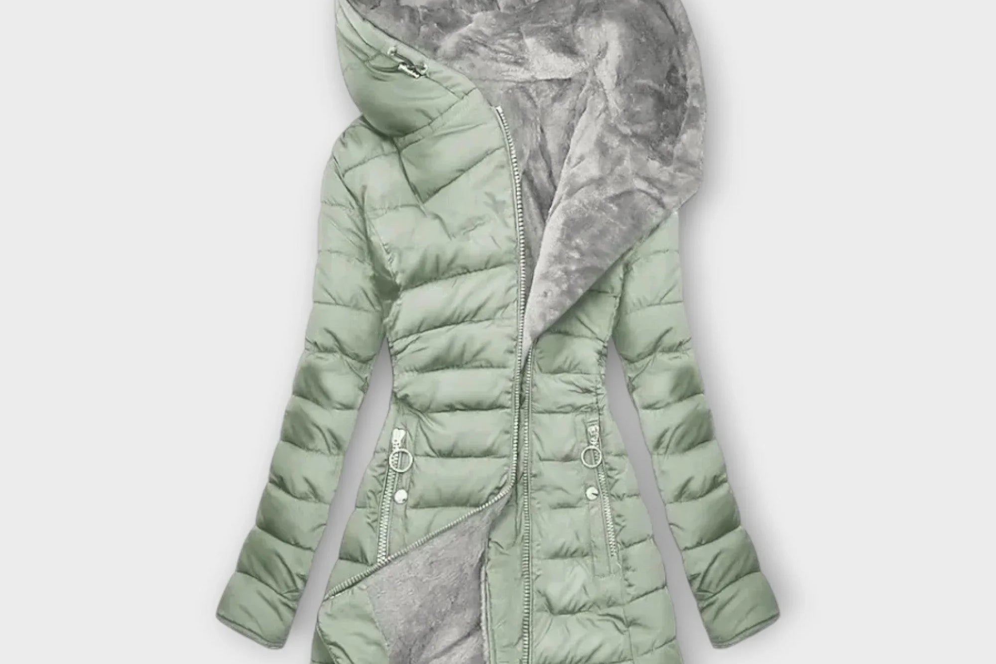 Solveig - Women's Quilted Hooded Puffer Coat with Faux Fur Lining - Light Green