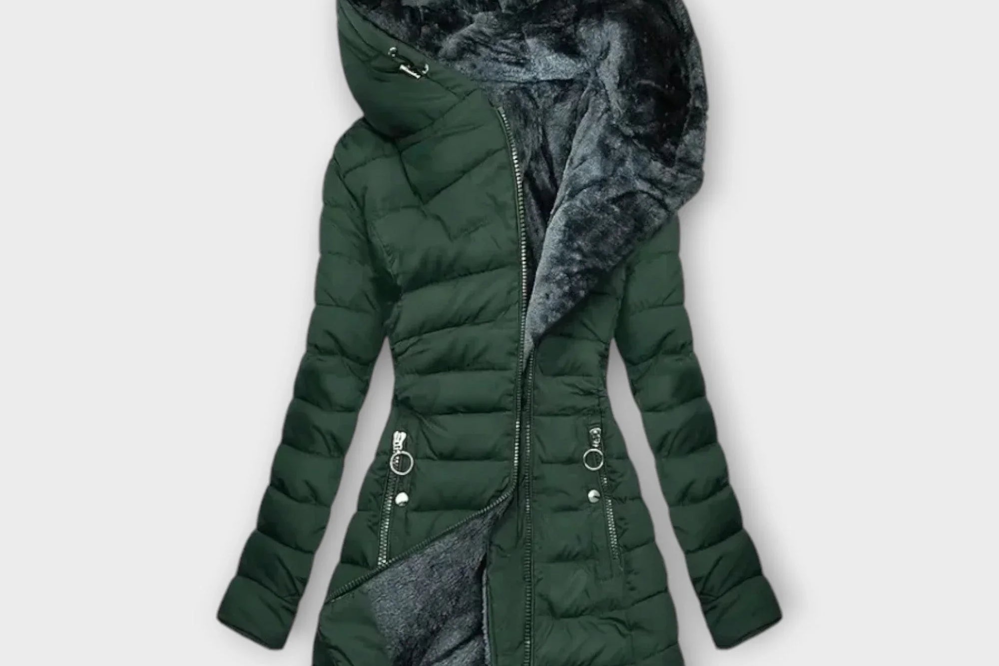 Solveig - Women's Quilted Hooded Puffer Coat with Faux Fur Lining - Dark Green