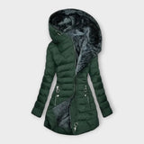 Solveig - Women's Quilted Hooded Puffer Coat with Faux Fur Lining - Dark Green