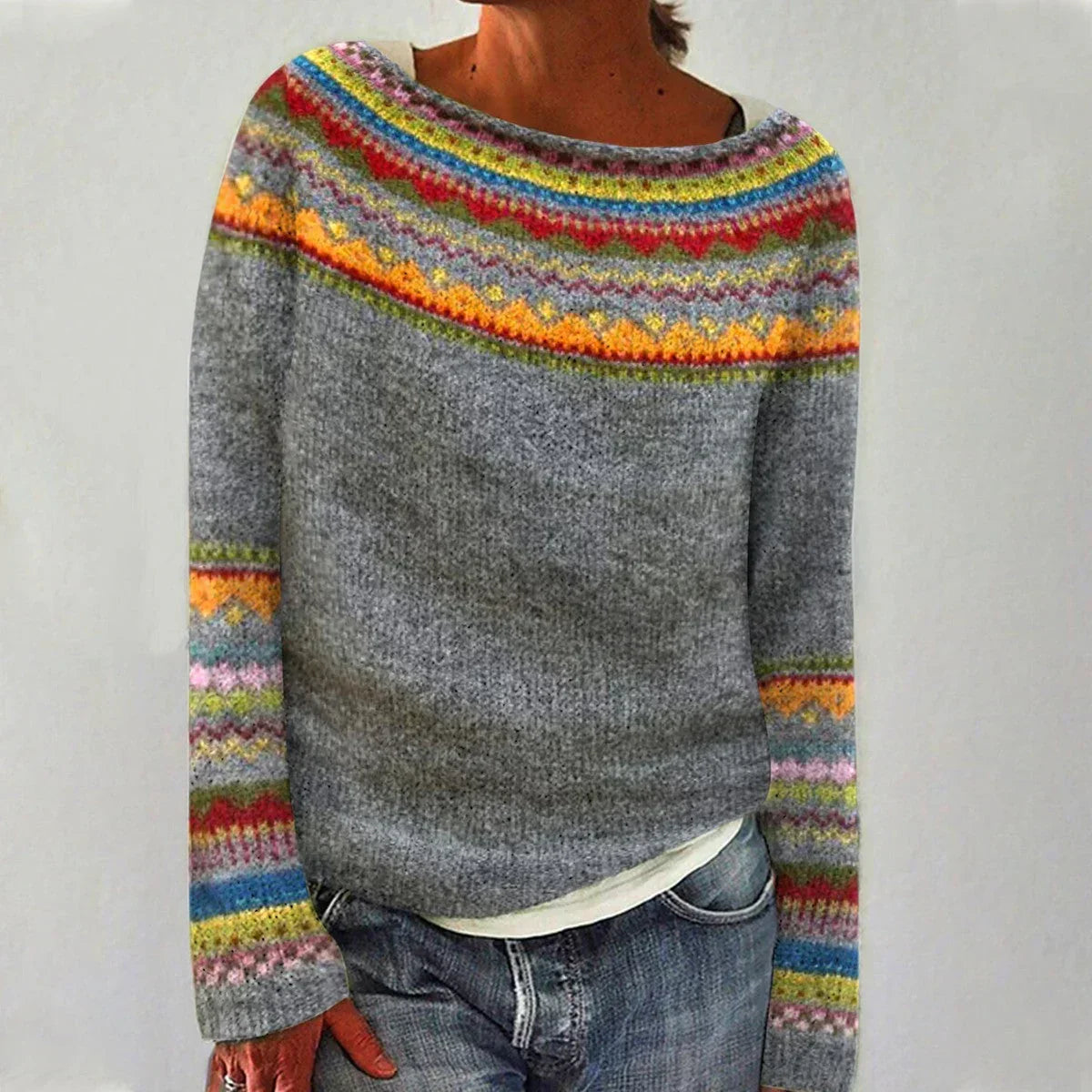 Solvej - Women's Crew Neck Knit Sweater with Patterned Yoke - Gray