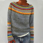 Solvej - Women's Crew Neck Knit Sweater with Patterned Yoke - Gray