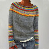 Solvej - Women's Crew Neck Knit Sweater with Patterned Yoke - Gray
