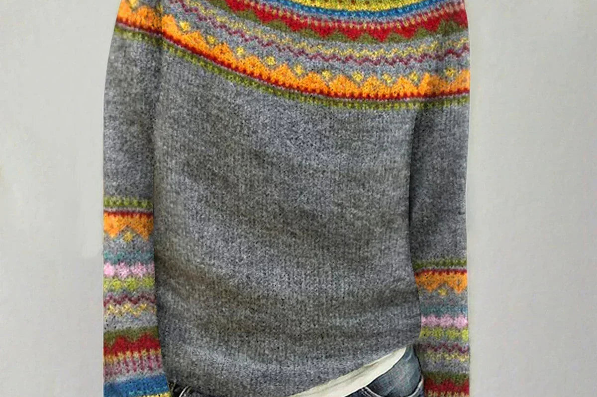 Solvej - Women's Crew Neck Knit Sweater with Patterned Yoke - Gray