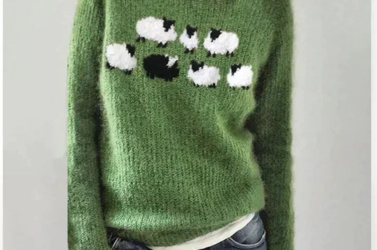 Solvej - Women's Crew Neck Knit Sweater with Patterned Yoke - Green