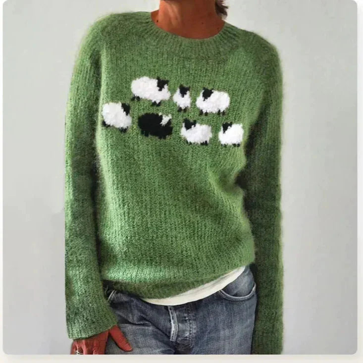 Solvej - Women's Crew Neck Knit Sweater with Patterned Yoke - Green