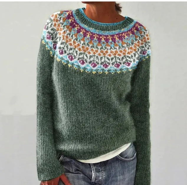 Solvej - Women's Crew Neck Knit Sweater with Patterned Yoke
