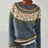 Solvej - Women's Crew Neck Knit Sweater with Patterned Yoke - Blue Gray