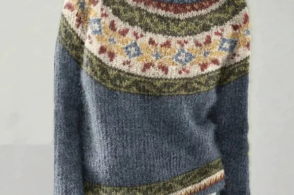Solvej - Women's Crew Neck Knit Sweater with Patterned Yoke - Blue Gray