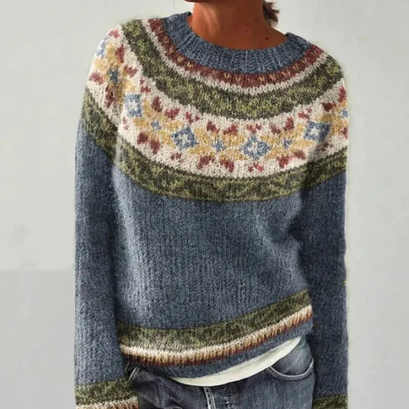 Solvej - Women's Crew Neck Knit Sweater with Patterned Yoke - Blue Gray