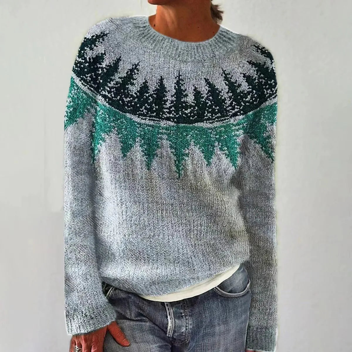 Solvej - Women's Crew Neck Knit Sweater with Patterned Yoke - Light Blue