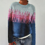 Solvej - Women's Crew Neck Knit Sweater with Patterned Yoke - Blue