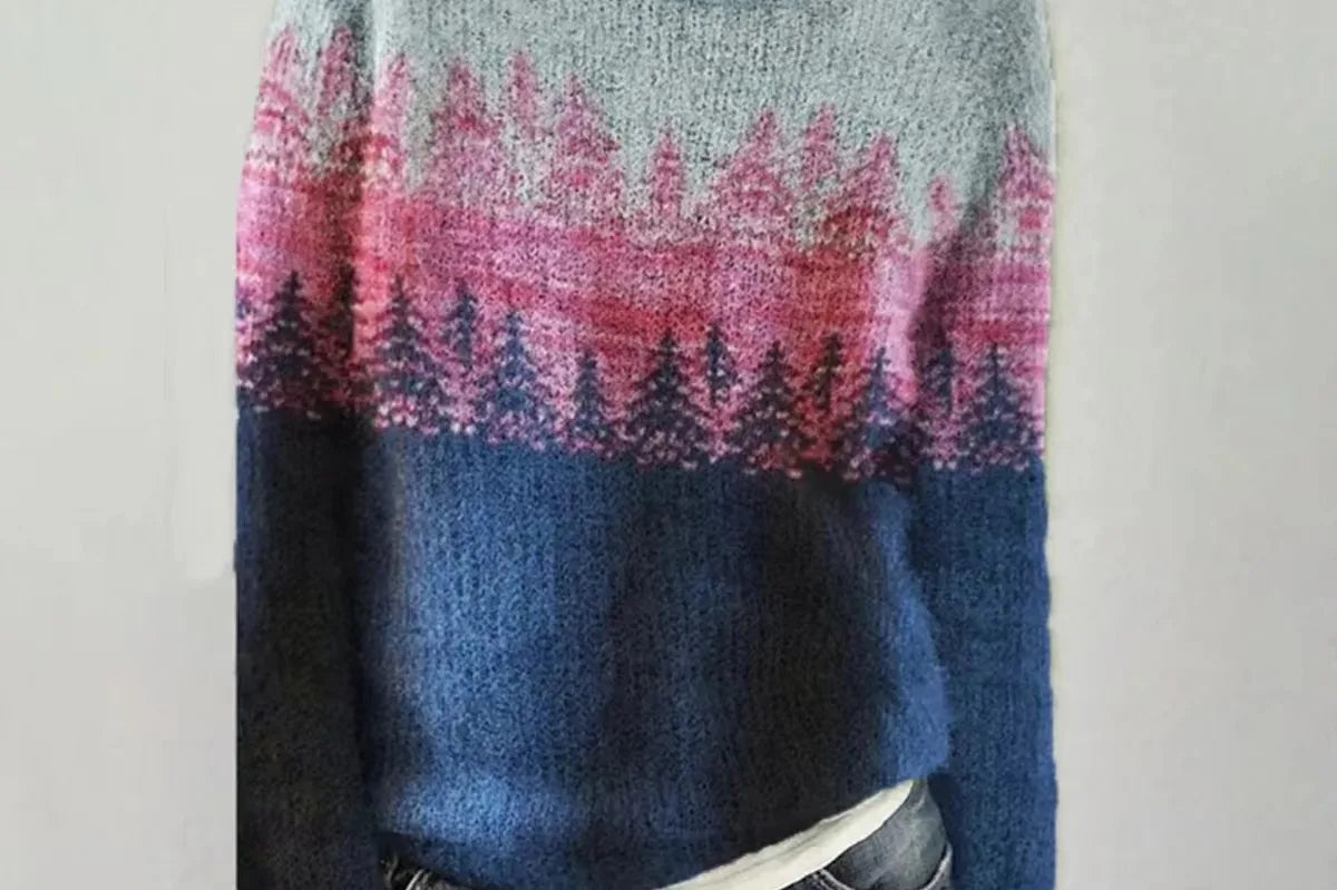 Solvej - Women's Crew Neck Knit Sweater with Patterned Yoke - Blue