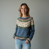 Solvej - Women's Crew Neck Knit Sweater with Patterned Yoke