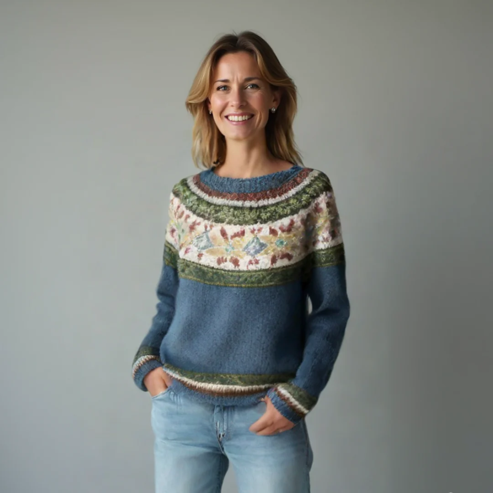 Solvej - Women's Crew Neck Knit Sweater with Patterned Yoke