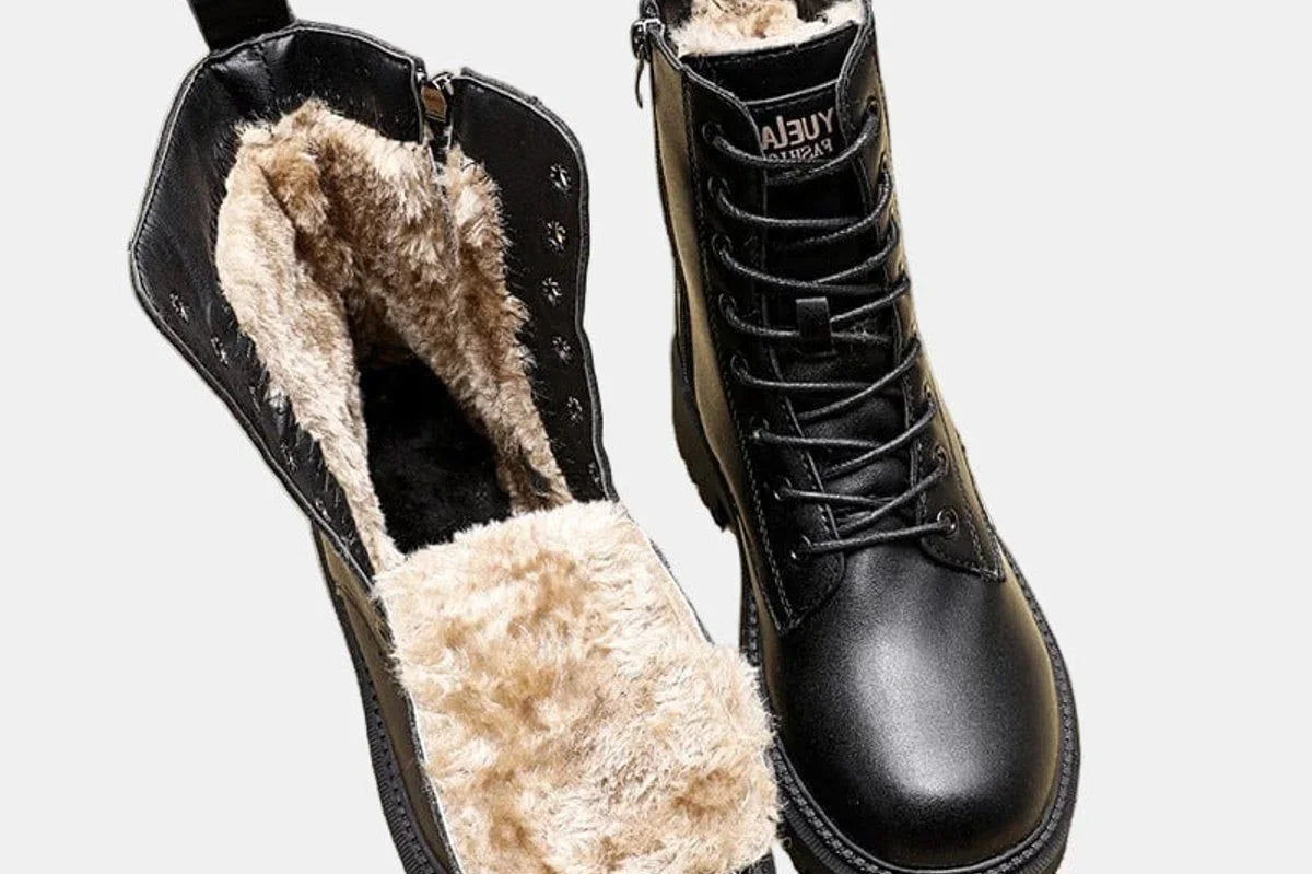 Soraya - Women's Fleece-Lined Lace-Up Combat Ankle Boots - Black