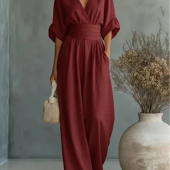Genevieve | Women's Elegant V-Neck Wide Leg Wedding Guest Jumpsuit