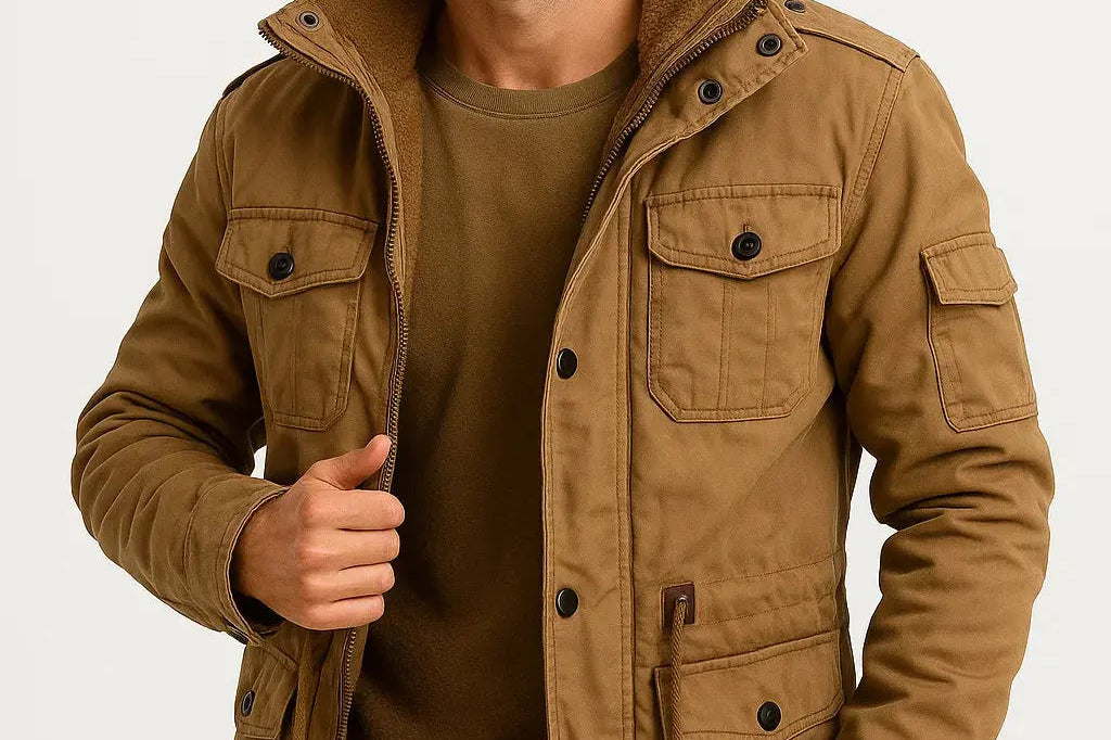 Sullivan - Men's Fleece-Lined Hooded Field Jacket with Pockets - Khaki