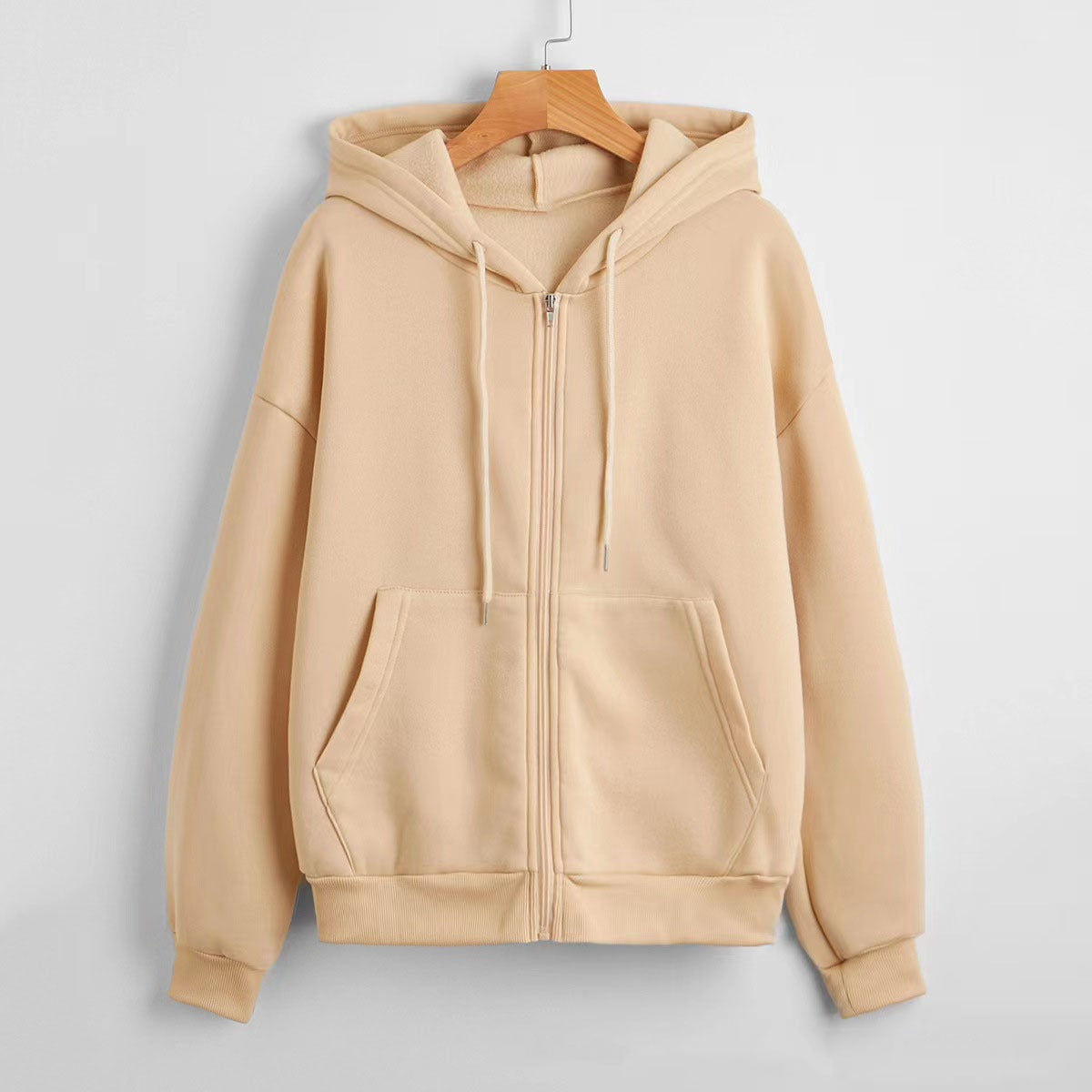 Sunny - Women's Textured Knit Zip-Up Hoodie with Drawstrings - Beige