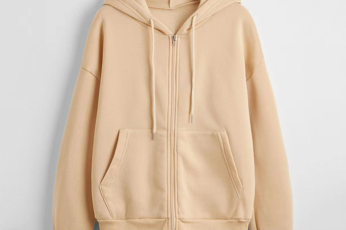 Sunny - Women's Textured Knit Zip-Up Hoodie with Drawstrings - Beige