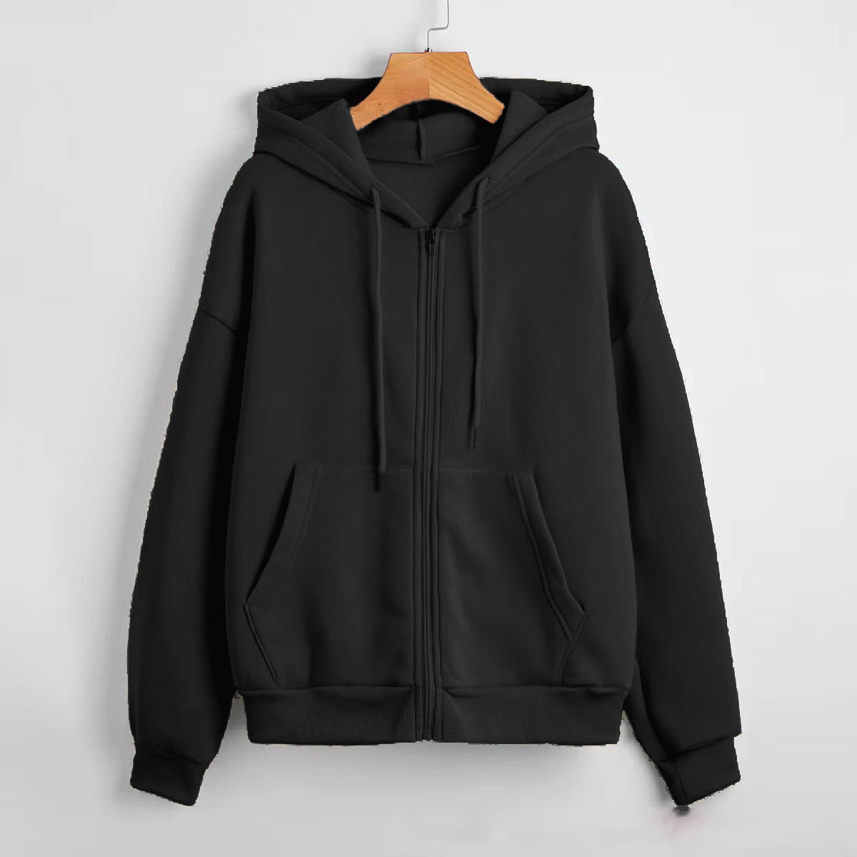 Sunny - Women's Textured Knit Zip-Up Hoodie with Drawstrings - Black