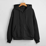 Sunny - Women's Textured Knit Zip-Up Hoodie with Drawstrings - Black