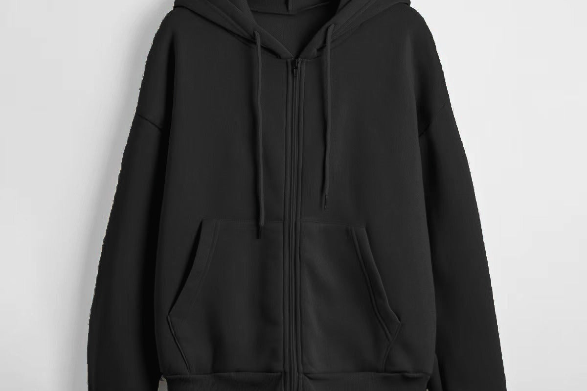 Sunny - Women's Textured Knit Zip-Up Hoodie with Drawstrings - Black