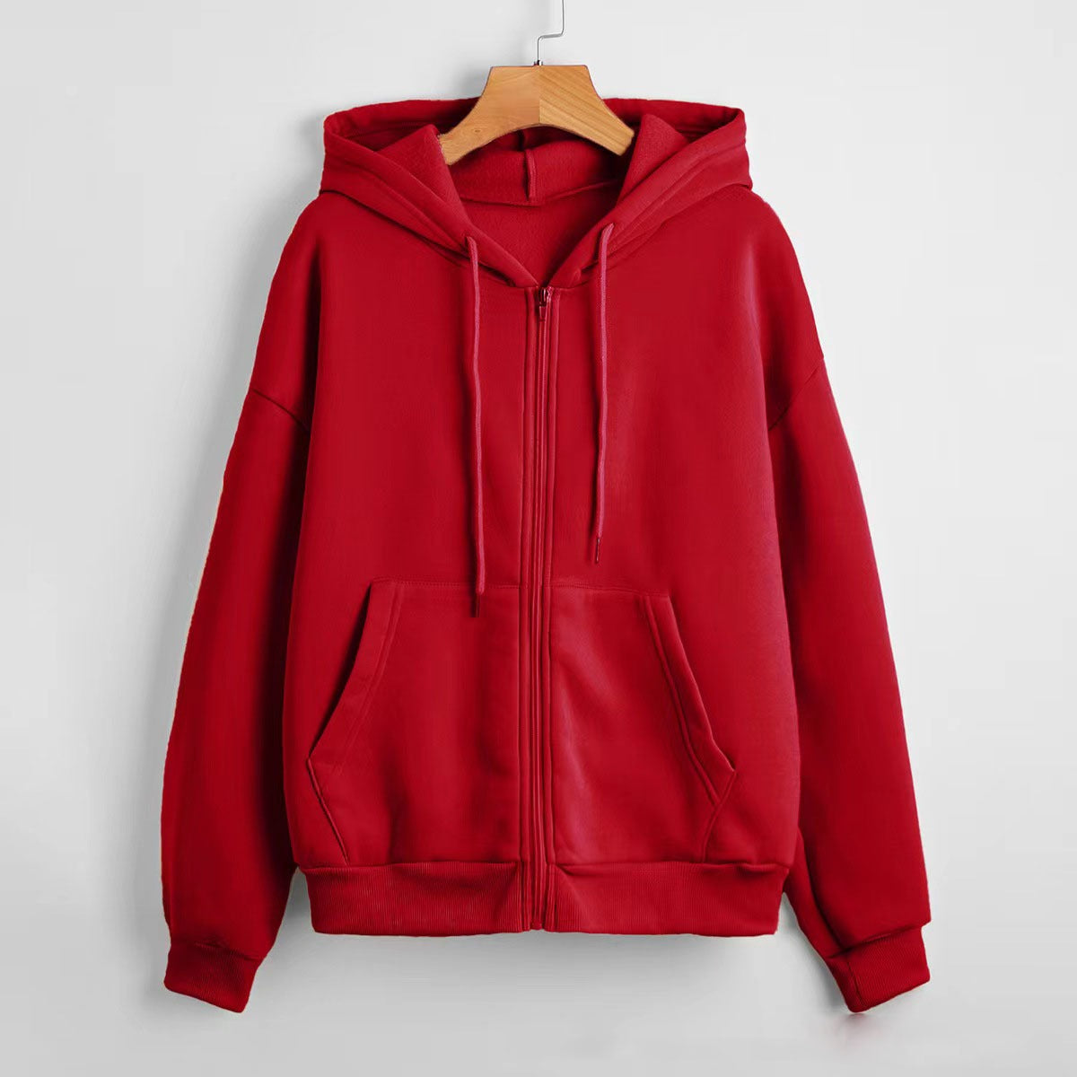Sunny - Women's Textured Knit Zip-Up Hoodie with Drawstrings - Red