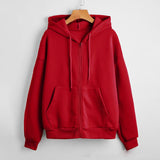 Sunny - Women's Textured Knit Zip-Up Hoodie with Drawstrings - Red